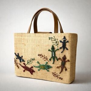 Lauren Tango New York raffia &leather tote w/beaded lizards!, striped lining EUC